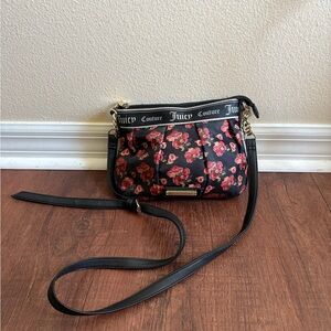 Juicy Couture Floral Crossbody Bag Black Pink Roses Floral Gold Chain Strap